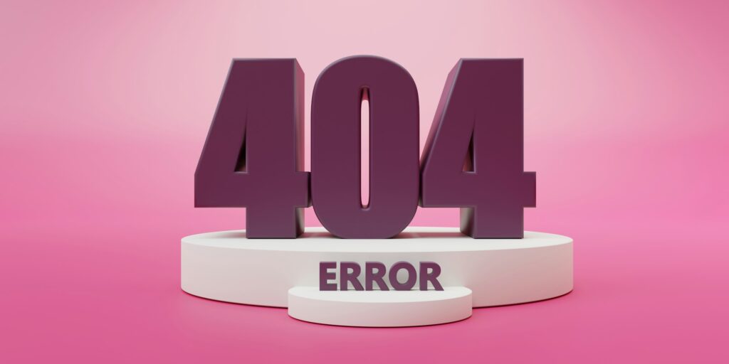 404 ERROR. Website Page not found Sign on pink color background. 3d render